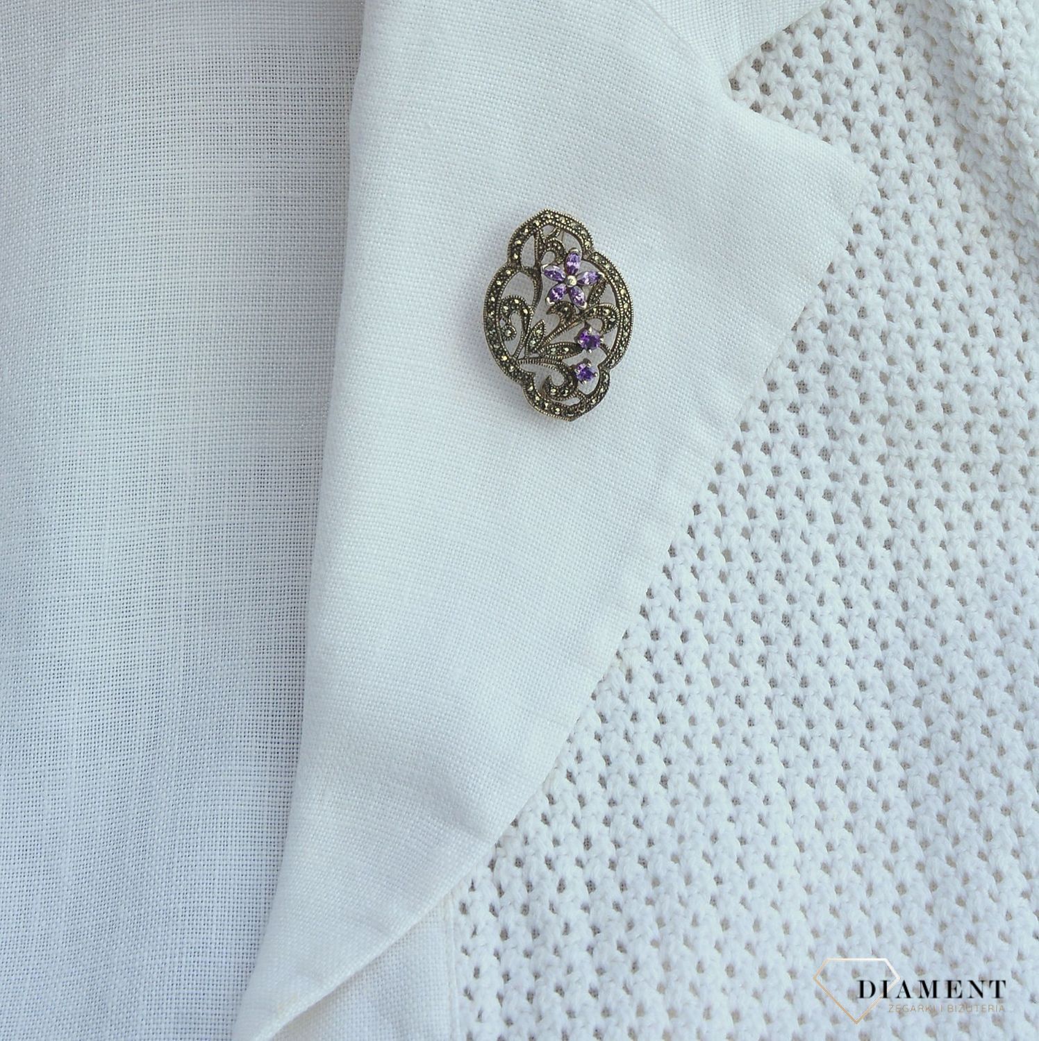 Srebrna broszka markazyty i fioletowa cyrkonia BRO 104.jpg